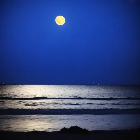 A closeup of a beach with a full moon in the sky, lindo luar, luar azul suave, bela noite de luar, luar azul, Oceano ao Luar, luar e sombras deslumbrantes, luar azulado, paisagem arenosa da lua branca, luar noturno, luz bonita da lua, raios de luar azul, n...