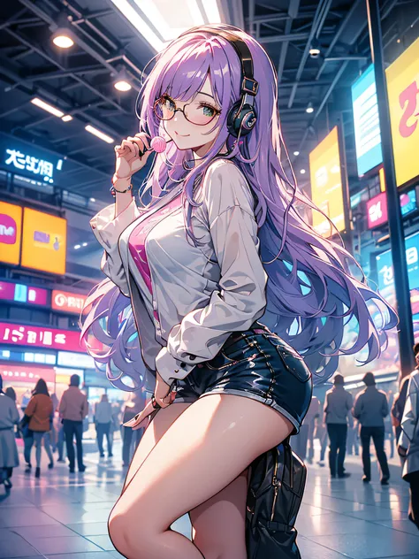 Girl with a beautiful face, bright light eyes, violet eyelashes, smiling, with a lollipop in her mouth, violet hair and pink highlights, modern glasses, music headphones around her neck, open light yellow jacket, short denim shorts, yellow Nike sneakers, c...