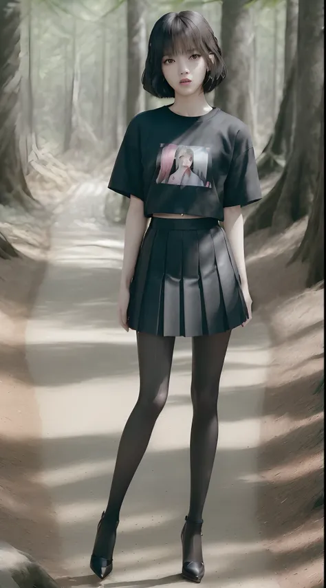 ((Lisa from Blackpink)), t-shirt, tiny pleated skirt, waist-high black tights, high heels, close-up of face, full body shot, very fair skin, short hair, wavy hair, camp, forest, photorealistic , indirect lighting, volumetric light, ray tracing, hyper-detai...