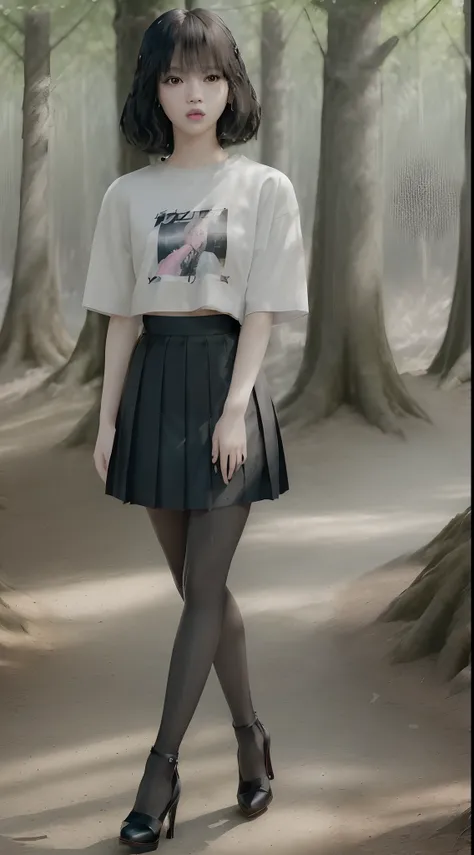 ((Lisa from Blackpink)), t-shirt, tiny pleated skirt, waist-high black tights, high heels, close-up of face, full body shot, very fair skin, short hair, wavy hair, camp, forest, photorealistic , indirect lighting, volumetric light, ray tracing, hyper-detai...