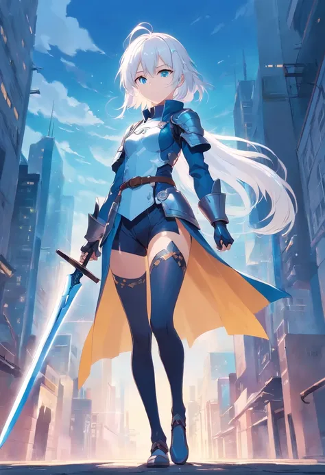 White-haired girl in armor、Blue colored eyes and blue eyes、He holds a long sword with sleepy eyes and an emotionless expression、Full body like、tights、high-heels