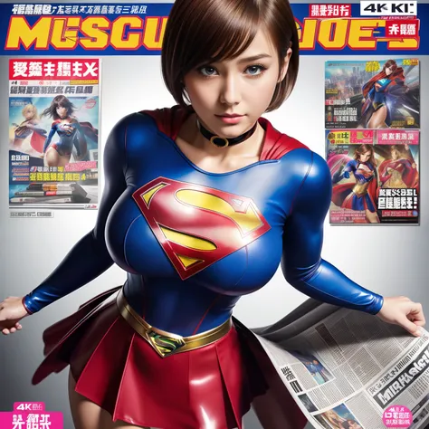 (Best Quality,4K,8K,hight resolution,masutepiece:1.2),Ultra-detailed,Realistic:1.37,Super masterpiece,Short-haired Supergirl、large full breasts、Looking at the camera、Glossy costume、a choker、Too short miniskirt、Magazine covers、newspaper