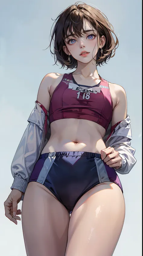 (masterpiece, best quality, thin line:1.4), 8k, 85mm portrait, raw photo, absurdres, delicate girl, cowboy shot, (thighs, from below:1.3), shiny skin, (track uniforms, sportswear, sports bras, sports bikinis:1.3), rikujou, track and field, teen, looking at...