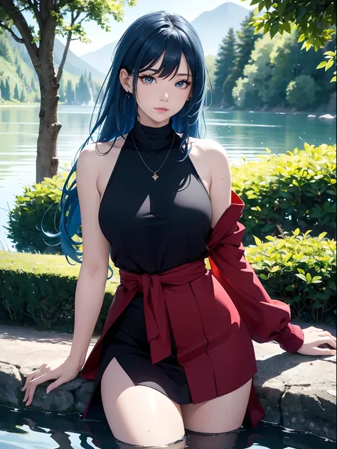 (masterpiece), ((best quality)), extremely delicate and beautiful, vibrant colors, girl, masterpiece, sharp focus, best quality, depth of field, cinematic lighting, action shot, blue hair, very long hair, red eyes, outdoors, medium breasts, black legwear, ...