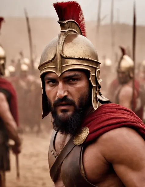 Full portrait of Leonidas from 300 movies. Battle field background.