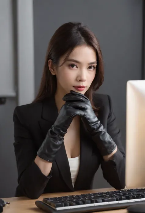 Wearing black leather gloves on both hands, Upper body, Black business suit, Facing the desk in my room with a computer in the dark, Tapping the keys on the computer keyboard with the fingertips of black leather gloves while looking at the screen, Black ha...