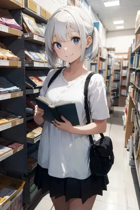 a girl, white or pastel hair, standing reading a book, sorrindo