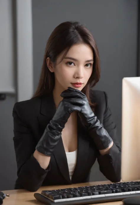 Wearing black leather gloves on both hands, Upper body, Black business suit, Facing the desk in my room with a computer in the dark, Tapping the keys on the computer keyboard with the fingertips of black leather gloves while looking at the screen, Black ha...