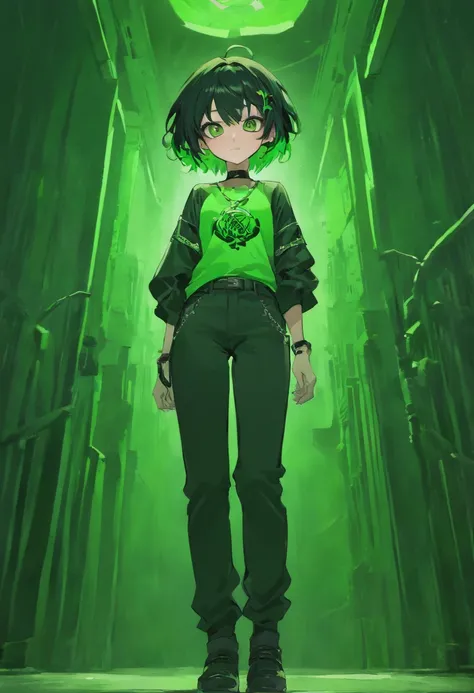 2D, Green And Black Hair, Green Skeleton Shirt, black green phonk pants, chain in neck