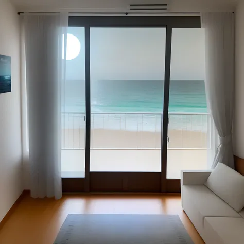 Um apartamento de frente para o mar,  Panoramic view of the silver moon over the sea, part of the apartment as furniture from the living room and in the window soft breeze on the white curtain and in the background moon to Earth over the sea