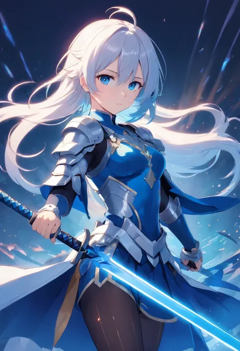 Character Entry Sheet、White-haired girl in armor、Blue colored eyes and blue eyes、He holds a long sword with sleepy eyes and an emotionless expression、Full body like、tights、high-heels