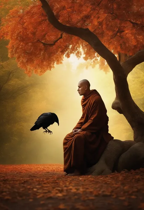 Realistic image of a monk centered under a tree the monk is a wise lord and talking to a sad crow