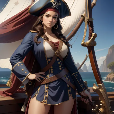 (sfw)arte inspirada john buscema,pirate captain, woman, morena, 17th century spanish uniform, pistola flintlock em seu cinto, ra...