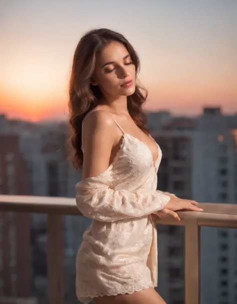 Girl, sleep wear lingerie dress, sun set, 20th floor apartment balcony, calm moment.