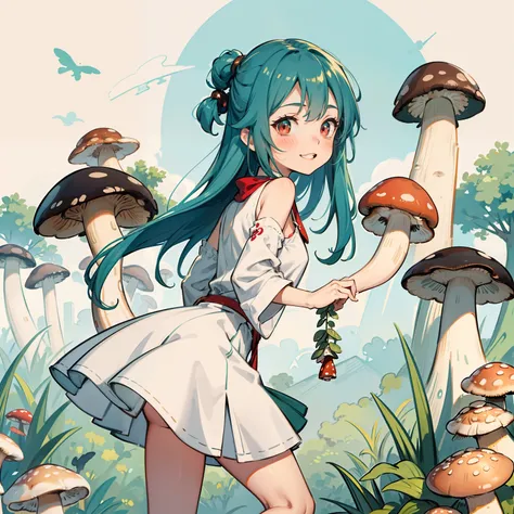 1girll, Long aqua green hair, Red eyes, dress, (Solo:1.3),Simple drawing, Mushrooms and girls, Cute, Big smile, Mushrooms + Mushrooms + Mushrooms + Mushrooms + Mushrooms,Red mushrooms，Cyan mushrooms，White mushrooms, Mushrooms grow on the body，From the side...