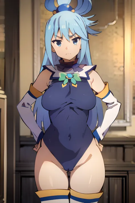 (masterpiece), best quality, expressive eyes, perfect face, Aqua, annoyance face, annoyance, sexy body, tight clothes