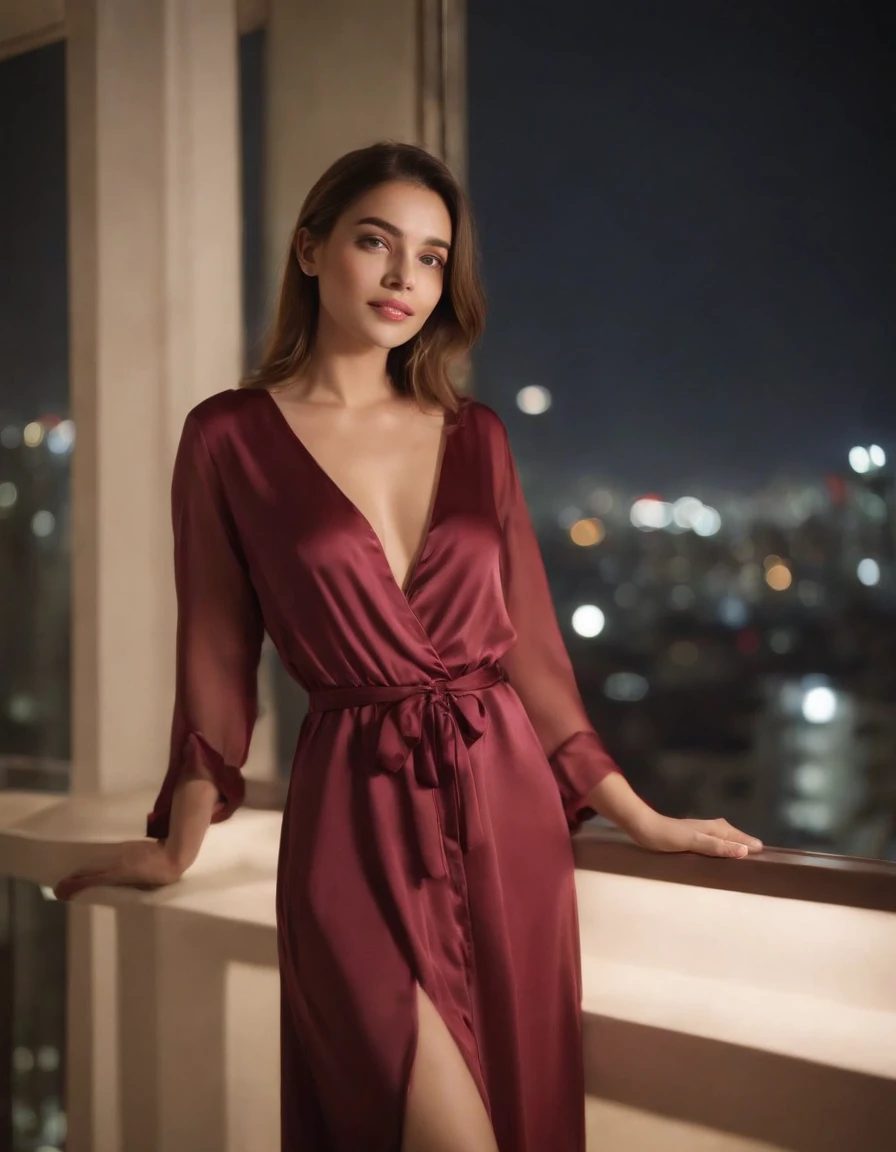 Girl, sleep wear night silk dress, city night, wine, 20th floor apartment balcony, calm moment.