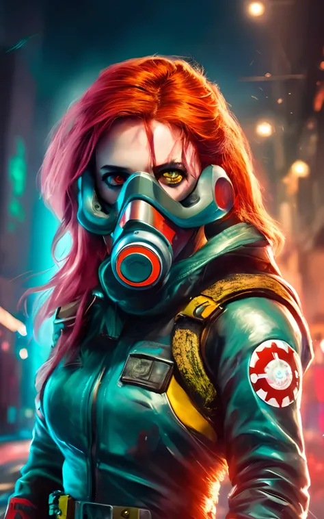 A woman with a gas mask and leather jacket standing in a dark alley, estilo cyberpunk hiper-realista, Cyberpunk feminino ruivo, estilo cyberpunk ， hiper-realista, estilo de arte cyberpunk, pintura digital cyberpunk, estilo cyberpunk horror, advanced digita...