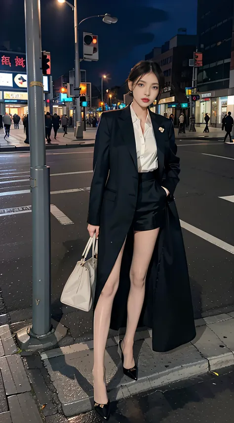 Single ball head，Heavy makeup，Ultra-fine heel，Transparent colorless flesh silk pantyhose，ear studs，Long legs，8K，On the street，In the daytime，Suits，the night，Rainbow，Two women