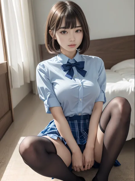 （8K、Raw photography、top-quality、​masterpiece：1.2),(Spread your legs wide,Open your legs wide),(Long bob cut),watching at viewers,Looking at the front,Bullish,Erotic,Pupils,Light Blue Bra,de pele branca,kne,(Black pantyhose),absurderes,a small face,Parting ...