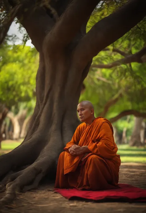 Realistic image of a centado monk under a tree.