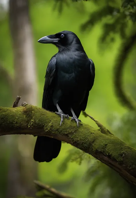 A crow in a verdant tool on a branch gives very sad tree