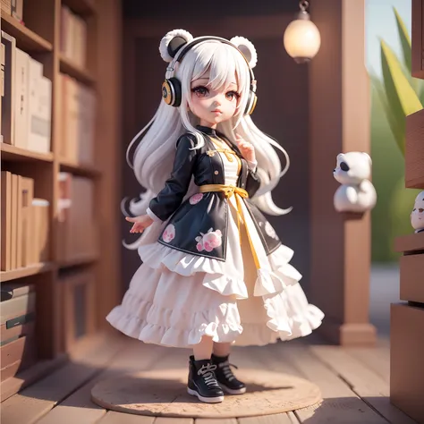 Masterpiece, best quality, lots of detail, (full body:1.2), chibi, panda girl, white hair, magic dress, light headphones, 3D rendering, Q printmaking style