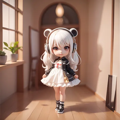 Masterpiece, best quality, lots of detail, (full body:1.2), chibi, panda girl, white hair, magic dress, light headphones, 3D rendering, Q printmaking style