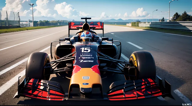 Formula 1, F1, photo of a redbull racing team,  on white reflective surface, infinite horizon, light blue background with clouds, swirling ink in water, neon colors, (photorealistic:1.2), cinematic lighting, detailed, 4k, 8k, dslr, 50mm, Hasselblad X2D