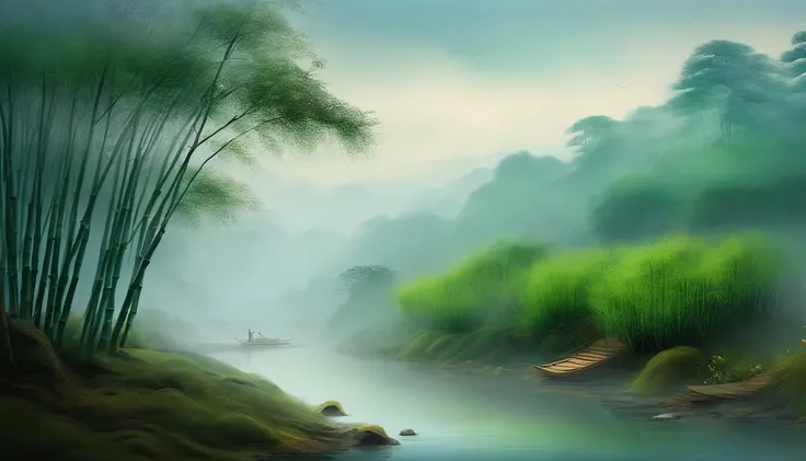 bamboo forrest，path，light wind，Cloud fog，chinese painting style，