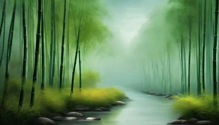 bamboo forrest，path，light wind，Cloud fog，chinese painting style，