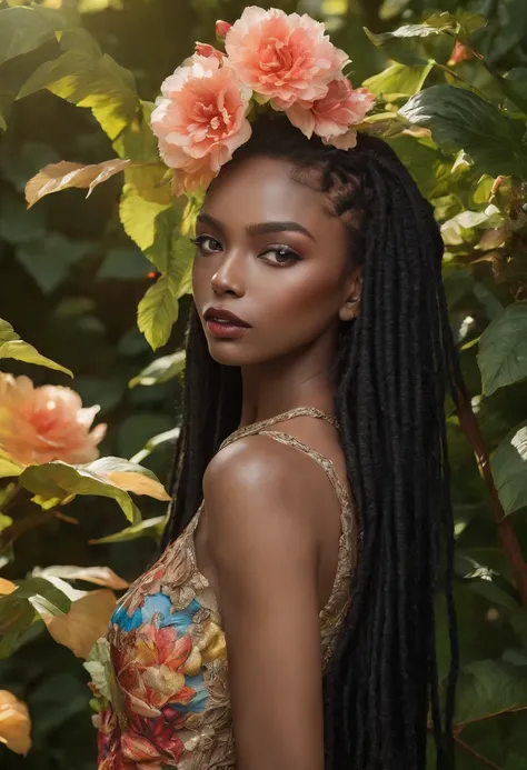 (a girl,a woman,a lady) with (ebony,black) (skin,complexion) and (long, flowing) (black, dark) (dreadlocks, hair), (beautiful detailed eyes,beautiful detailed lips,extremely detailed eyes and face,longeyelashes). She is (standing,sitting) in a (lush, vibra...