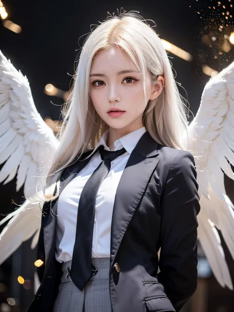 (masutepiece, Best Quality:1.3), (Ultra-detailed:1.3), 1girl in, Solo, (White hair, hair messy, Long hair), (Angel wings, Angel Halo), flat chest, Yellow eyes, (White shirt, black necktie, Black coat, Open coat), Cowboy Shot, Cinematic lighting, (((Glowing...