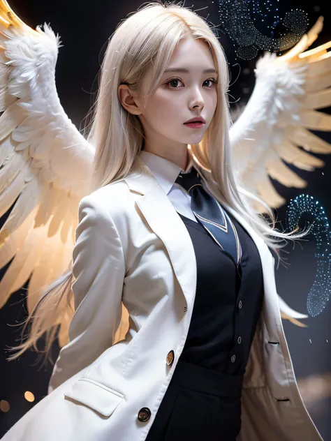 (masutepiece, Best Quality:1.3), (Ultra-detailed:1.3), 1girl in, Solo, (White hair, hair messy, Long hair), (Angel wings, Angel Halo), flat chest, Yellow eyes, (White shirt, black necktie, Black coat, Open coat), Cowboy Shot, Cinematic lighting, (((Glowing...