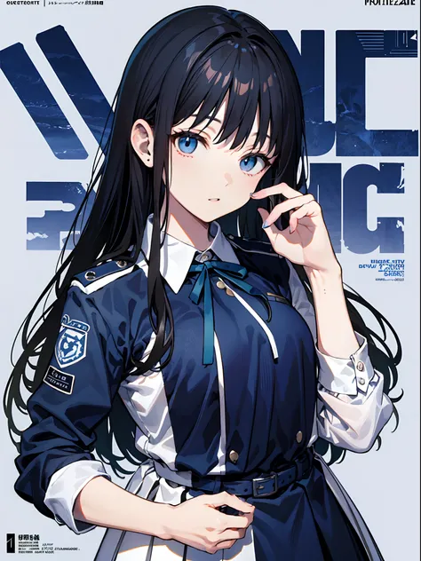 takinainoue, inoue takina, long hair, bangs, black hair, (purple eyes:1.2), BREAK shirt, long sleeves, dress, ribbon, school uniform, white shirt, collared shirt, belt, neck ribbon, blue dress, green ribbon, pleated dress, grey dress, two-tone dress, blue ...