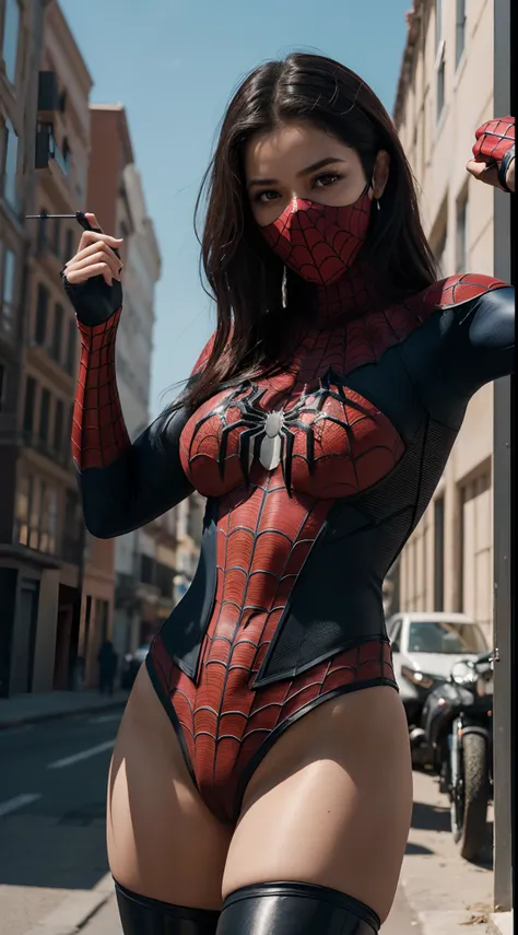 ((((deusa feminina, rosto detalhado, olhos azuis claros perfeito, mulher gostosa, Seios enormes, mamas longas gigantes aparecendo, baseado na Marvel estudios, traje do homem aranha couro sexy, wearing a technological open jacket)))), Erotic(1girl:1.3), soz...