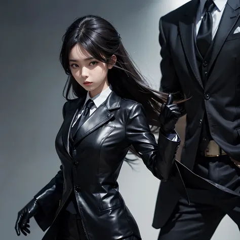 A Japanese woman with black leather gloves wearing a black mens three-piece suit with a black shirt