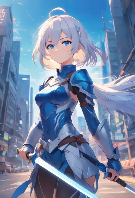 Character Entry Sheet、White-haired girl in armor、Blue colored eyes and blue eyes、He holds a long sword with sleepy eyes and an emotionless expression、Full body like、tights、high-heels、Standing facing the front