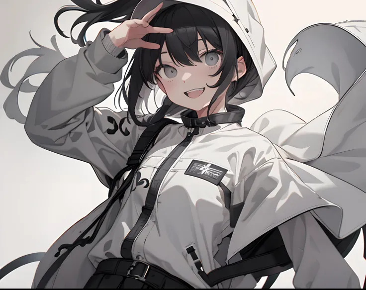 Highest Quality, masutepiece】 [girl, Manteau, expressioness, Black eyes, front facing, Black hair, Walking, Upper body] (Gray white background:1.7), Smile with teeth