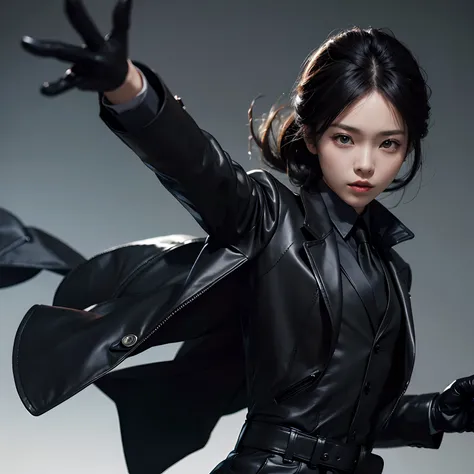 A Japanese woman with black leather gloves wearing a black mens three-piece suit with a black shirt