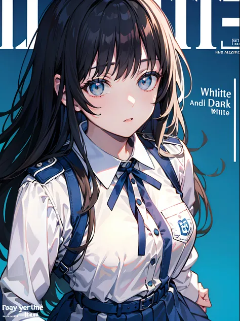 takinainoue, inoue takina, long hair, bangs, black hair, (purple eyes:1.2), BREAK shirt, long sleeves, dress, ribbon, school uniform, white shirt, collared shirt, belt, neck ribbon, blue dress, green ribbon, pleated dress, grey dress, two-tone dress, blue ...