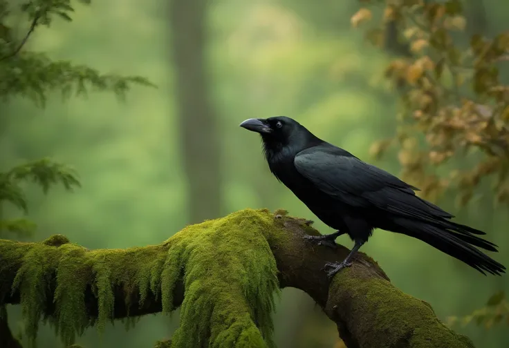 A crow in a green forest on a branch gives very sad sad tree