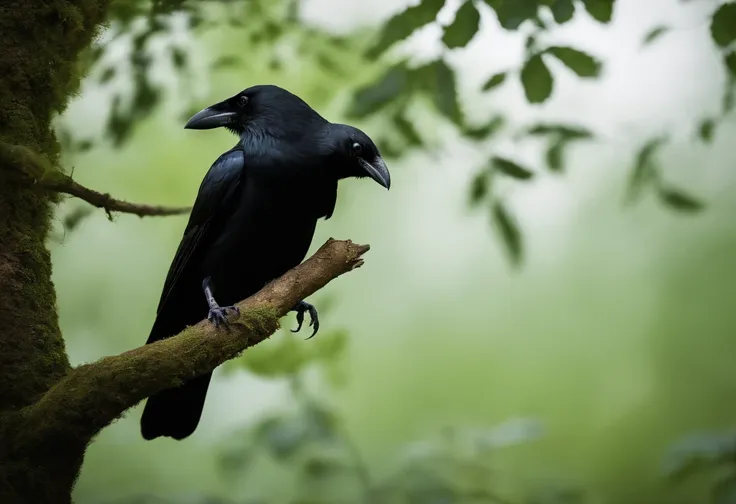 A crow in a green forest on a branch gives very sad sad tree