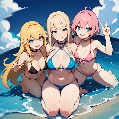 Two 18-year-old Caucasian teenage blonde sisters、Face of Ahegao、Slimed、de pele branca、blue eyess、Aviator Sunglasses、Wearing a tight pink string bikini with tiny little skin、((cammel toe:1.2))、wetting hair、Oily body、Hugging and pressing each others breasts、...