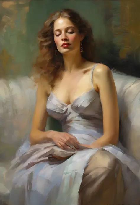 A painting of a woman with her eyes closed, perfect arms and hands, elegant in nature, beautiful backlighting on hair, full lips, wavy hair, up-do, her elbow leaning on sofa arm, with her hand resting under her chin, smiling about the events of the day, we...