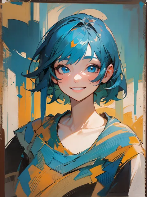 female high-school student、Hair short like a boy、Dark blue hair、Light blue hair band:1.2、Blue eyes、cheeky grin、NSFW、impressionistic、((Oil painting by John Burkey))brushstrokes、negative space、Green and orange tones