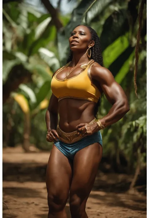 Photorealistic photography of lady afrikan Bodybuilder an African sexy  woman with gigantic breasts weighing 300 kg of muscles with very sculpted abs, big shoulders and very muscular legs, dressed like an indigenous while picking a banana from a tree in th...