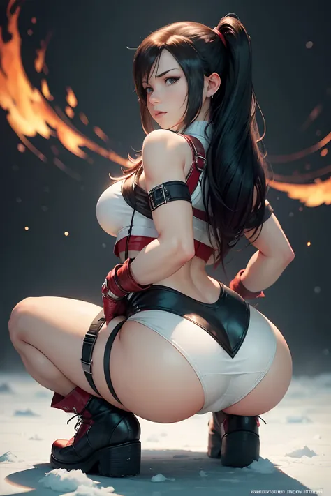 ❄️🔥❤️‍🔥😏 Tifa lockhart, Final fantasy, The perspective of the image should be from above and from behind, as she performs a "slav squat" pose