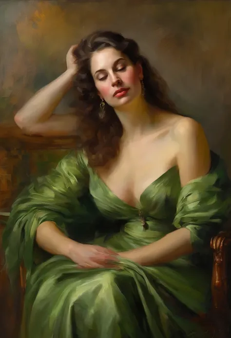 A painting of a woman with her eyes closed, perfect arms and hands, elegant in nature, beautiful backlighting on hair, full lips, wavy hair, up-do, her elbow leaning on arm of chair, {{Antique rosewood armchair / Georgian button back chair}}, with her hand...