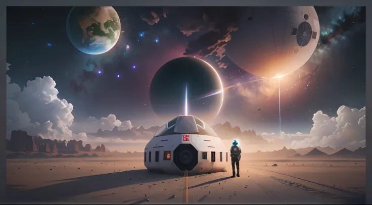 Nave espacial en un desierto con un hombre parado frente a ella, sci-fi digital art illustration, sci - fi illustration, sci-fi illustration, Arstation y Beeple altamente, 3 D render beeple, sci fi artwork, sci fi artwork, sci fi artwork, scifi art, en est...